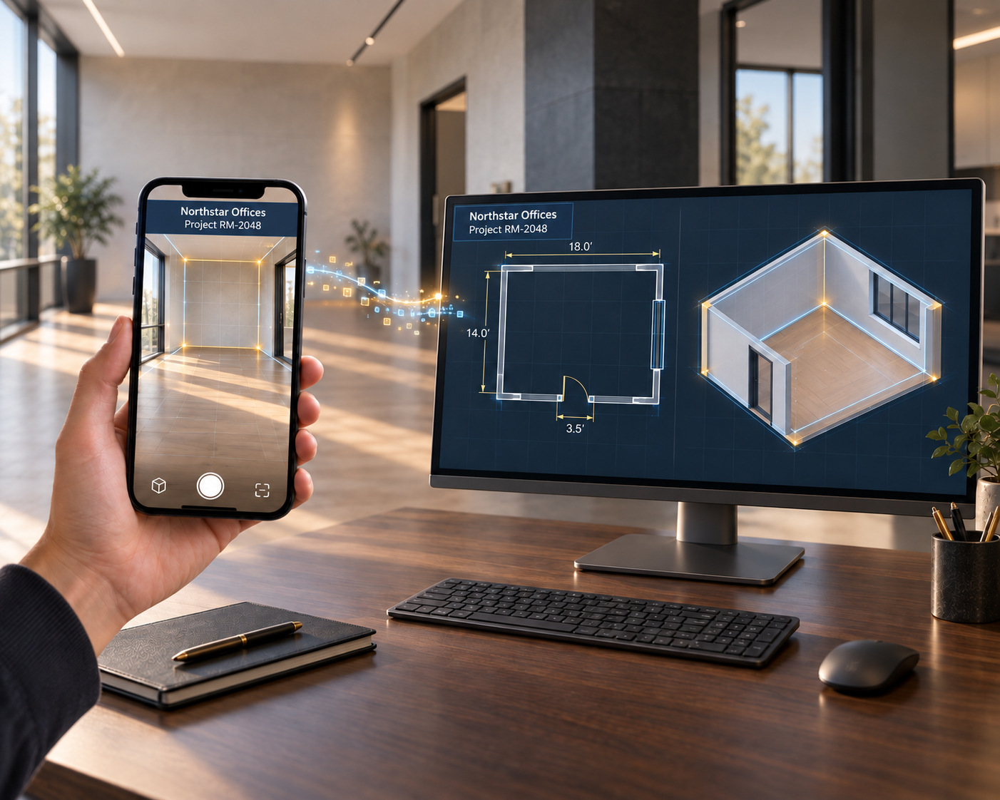 Concept illustration: a phone captures room measurements and transfers them to an office monitor showing a dimensioned 2D plan and a 3D room model. Both screens show sample customer Northstar Offices and project RM-2048.